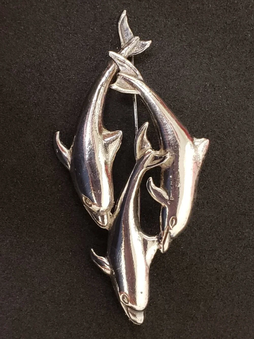 Vintage Sterling Silver 3D Three Dolphin Swimming Ocean Estate Pin Brooch